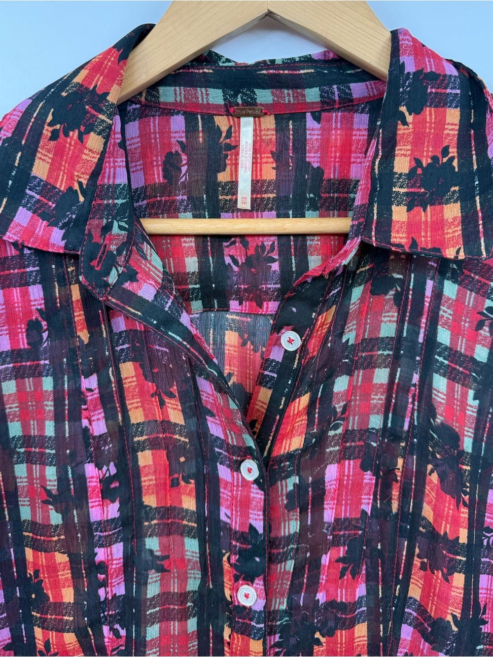 Free People Jerra Plaid Floral Maxi Shirt Dress Sheer Black Pink Orange XS Boho - Picture 6 of 9
